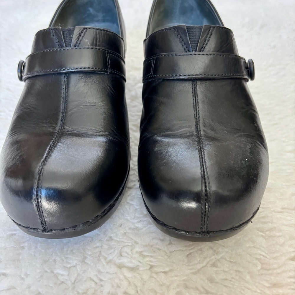 Dansko Black Leather Slip-On Clogs - Picture 6 of 13